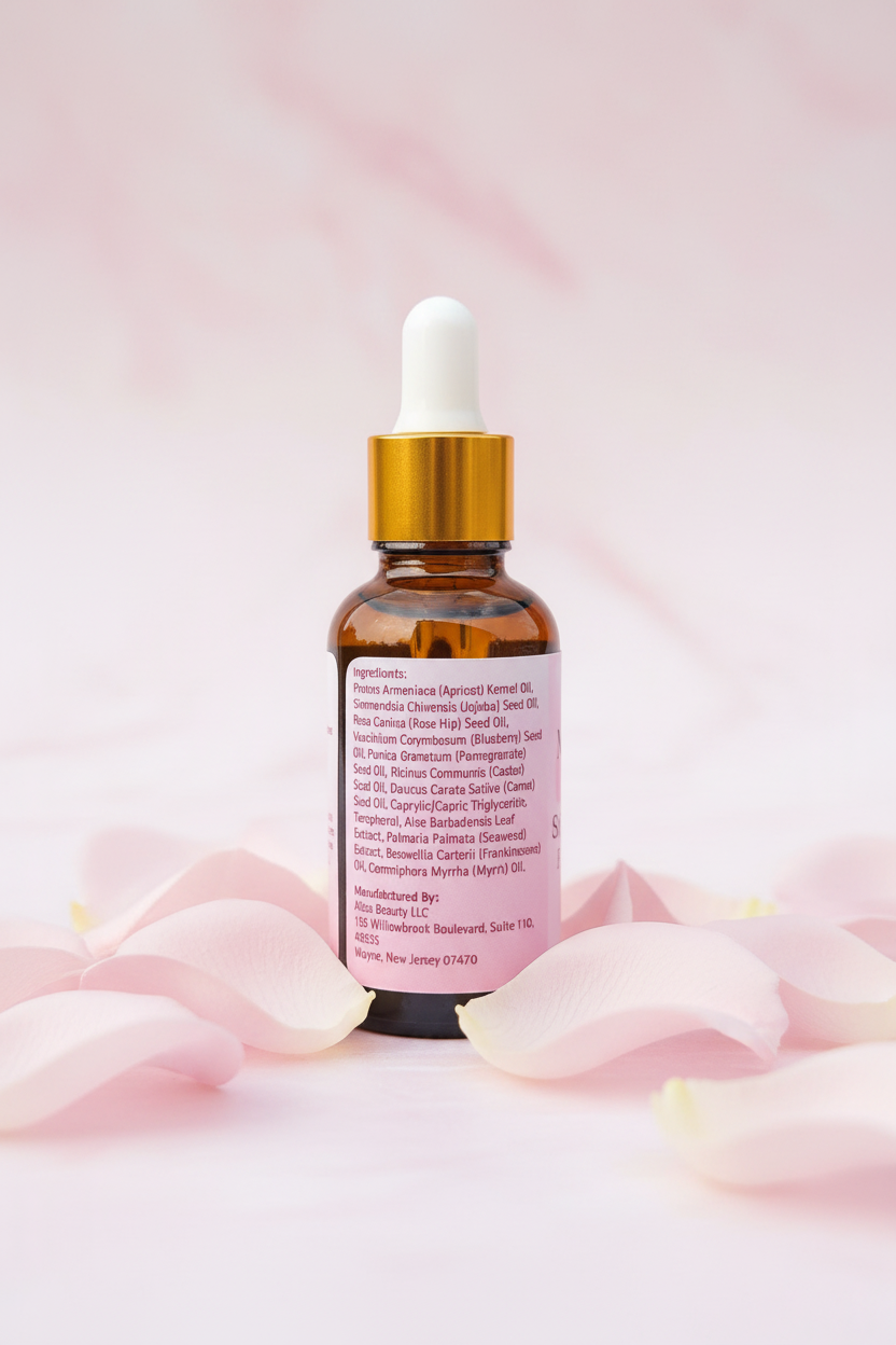 Silken Radiance — Ingredients on Pastel Pink Marble